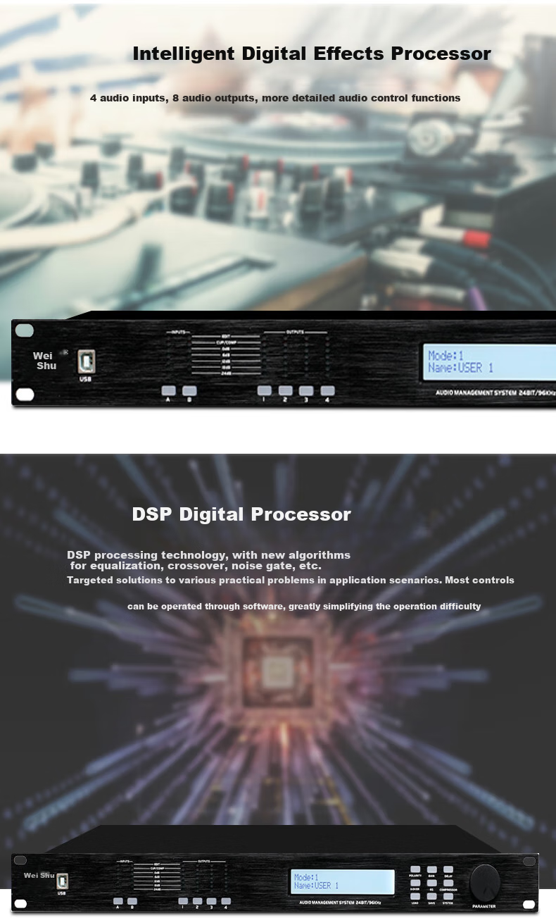 Weishu CA-300 Audio Processor, Two-In Four-Out Digital Audio Preamp Effects Processor, 2-In Equalizer And Delay Processor, Line Array Speaker Frequency Divider 2