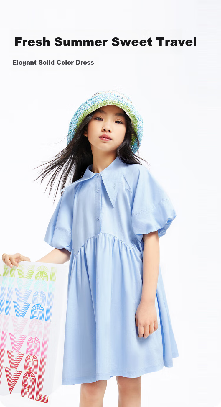 Annil Girls' Short-Sleeve Dress, New Summer Style 2024, Elegant Gray-Green, Size 130 1