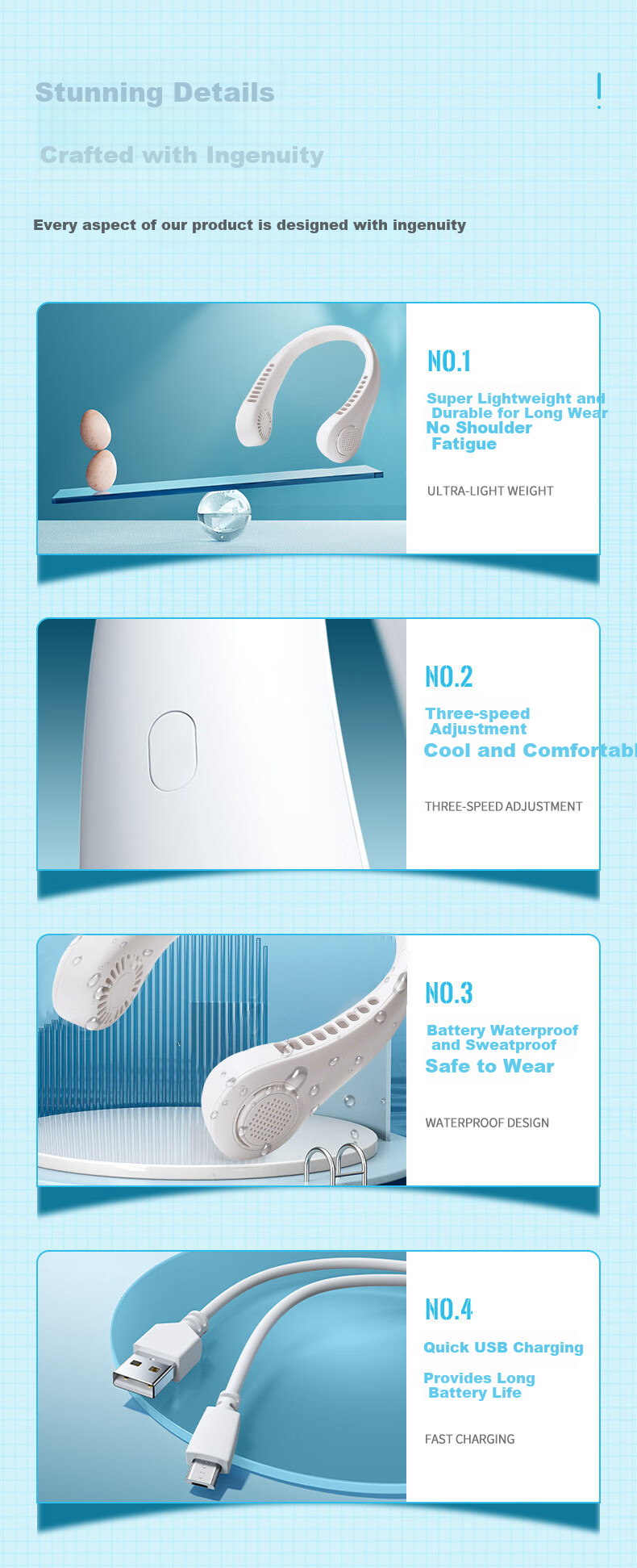 HBOALG [Silent Ultra-Long Battery Life] Neck-Hanging Fan, Cool Whole-Body USB Fan, Portable Mini Fan, Lazy Person's Neck-Hanging Fan for Office, Student Dormitory, Outdoor Use, White 2