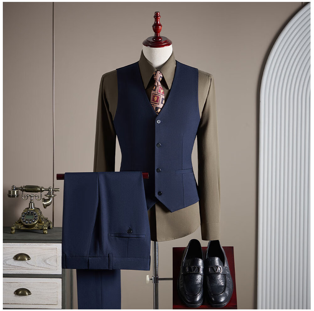 ROMON Men's Suit Set (Blazer + Vest + Trousers) Professional Formal Wool Coat Navy Blue 4XL 10