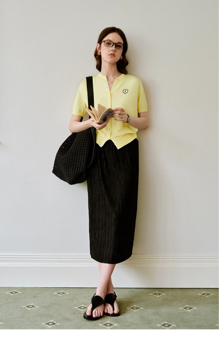 Olrain Heart Embroidered Knit Cardigan Women's Summer V-Neck Short Sleeve Top Yellow XL 13