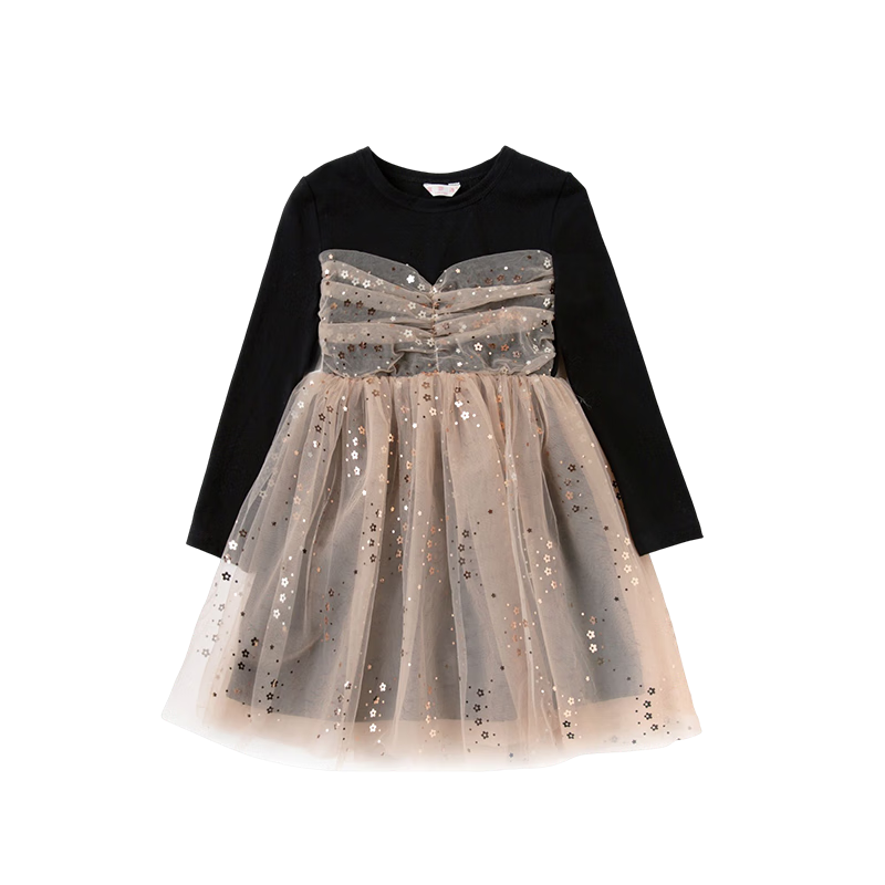 Fulomi Girls' Dress Spring Autumn Sweet Sequin Mesh Princess Dress Puff Knit Dress Black 140