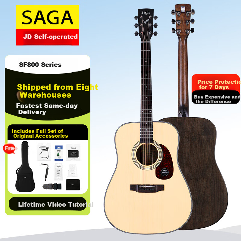 SAGA Guitar Solid Top SF800 Upgraded Version, Natural Wood Color, 41 Inches, Entry-Level Acoustic Guitar for Beginners, No Returns if You Can't Lear