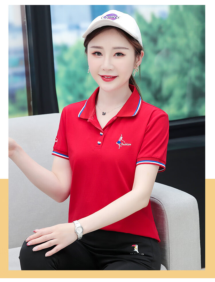 Woodpecker Women's Pure Cotton Short Sleeve T-Shirt Summer Printed Slim Fit Shoulder Polo Shirt Red XL 15