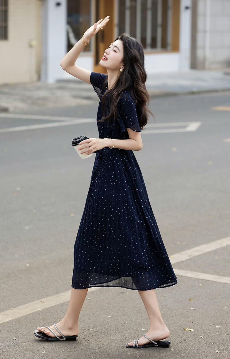 Dme [Watermark Dotted Print], Summer Elegant Gradient Pleated Lotus Leaf Sleeve Tie-Back Flowing Mid-Length Women's Dress 5