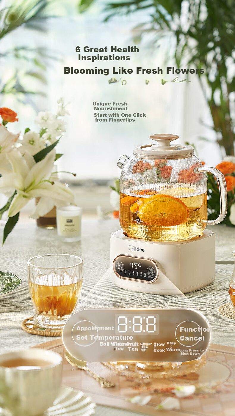 Midea Huayang Zero Glue Fully Glass Automatic Health Pot, Office Multifunctional Tea Kettle, Electric Water Boiler, Tea Maker, 1L, YS10B101 10