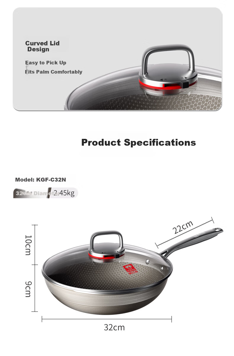 KBH Seventh Generation Non-Stick Wok with Titanium Honeycomb Pattern, Household Flat-Bottom Frying Pan, 30cm, Compatible with Induction Cookers 14