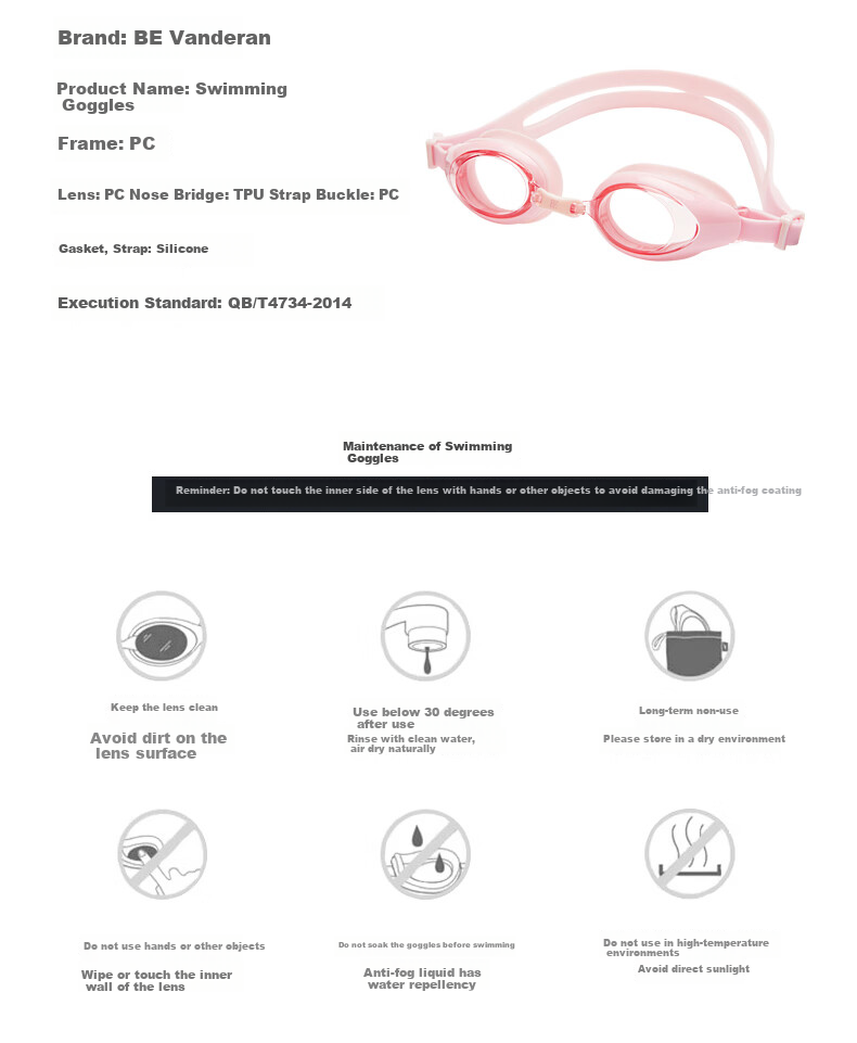 BALNEAIRE Children's Silicone Swimming Goggles, High-Definition Anti-Fog Clear Non-Slip Clip Adjustable Professional Training Swimming Goggles, Strawberry Pink 6