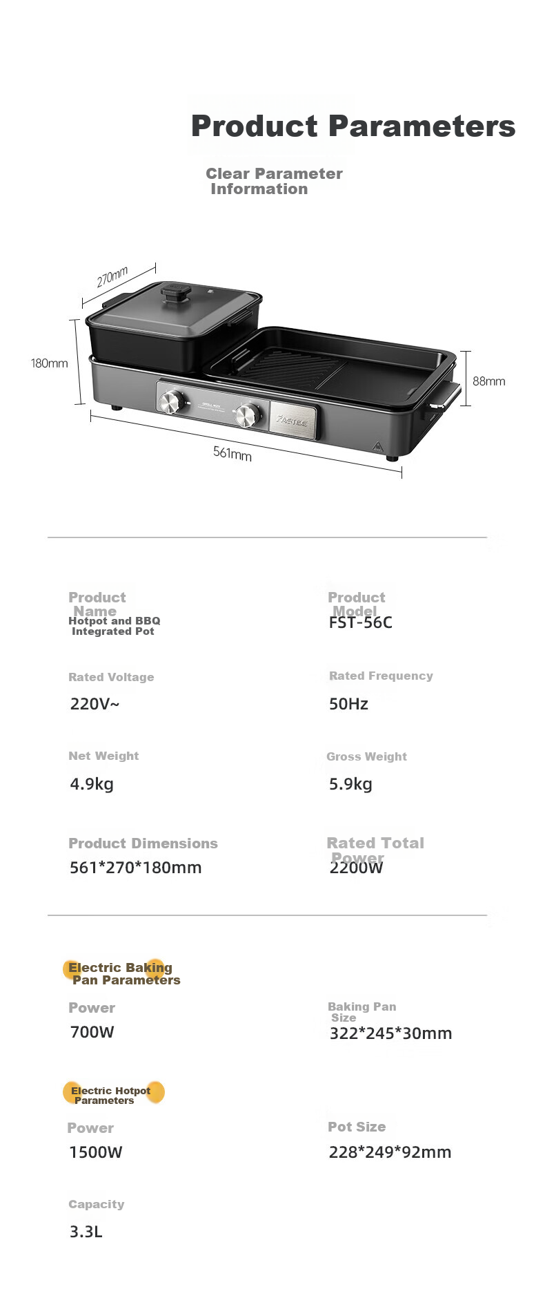 Fastee Electric Grill Pan, Multifunctional Cooking Pot, Electric Hot Pot And Grilling All-In Electric Grill, Hot Pot-Specific Pot for Grilling And Hot Pot FST-56C 32