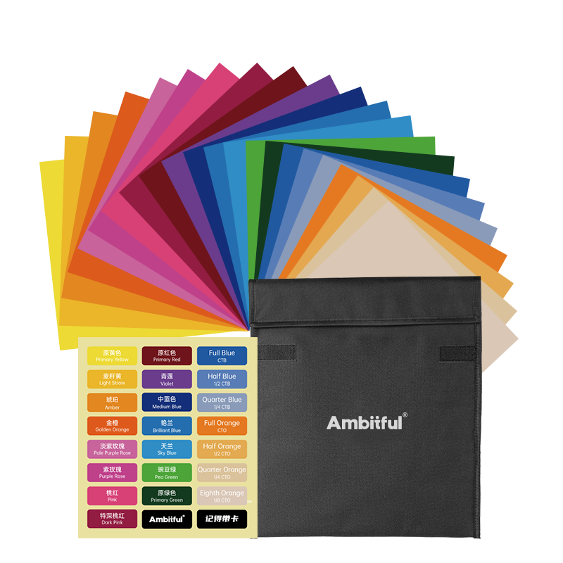 AMBITFUL Zhijie 25x25cm Photography Soft Light Paper 22 Colors Raiden Color Temperature Gel Stage Lighting Filters Photo TikTok Color Filters Shooting Props Color Gels