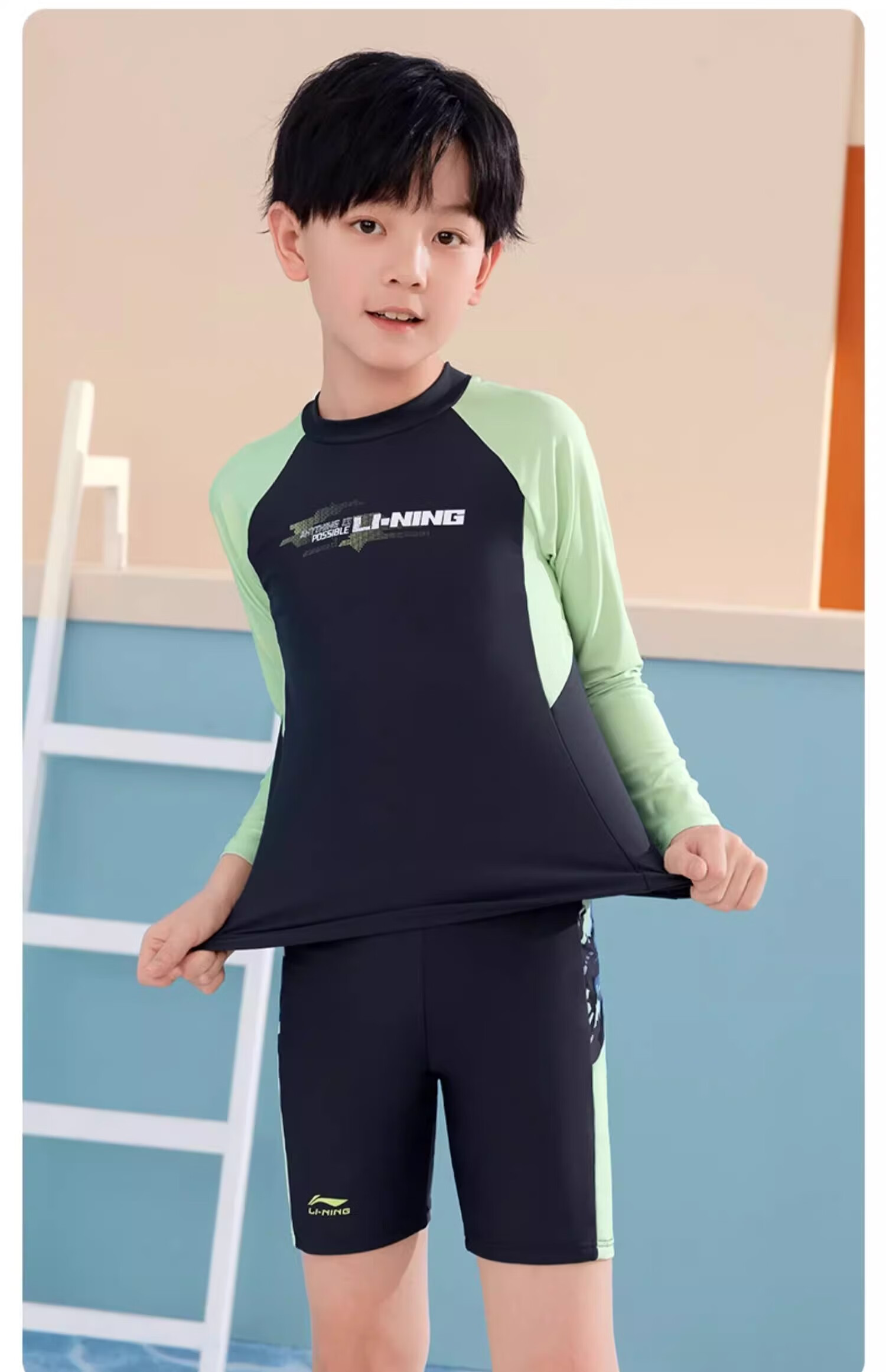 LI-NING Kids Boys Two-Piece Swimsuit Boys New Long Sleeve Swimwear for 6-12 Years Old Youth Hot Spring Bathing Suit 7