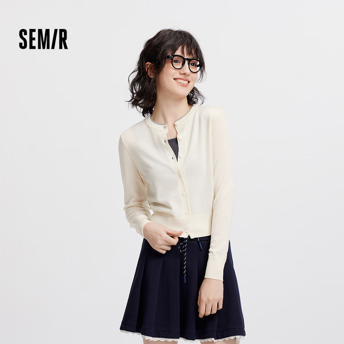 Semir Women's Short Colorblock Knit Cardigan Round Neck Wool Sweater 2025 Autumn 101525106006