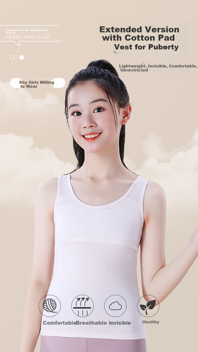 Ailier &ouluola Children's Underwear, Girls' Puberty Bra for Ages 9-12, Big Girls' Camisole Undershirt for Primary And Secondary School Students, Long Style, Small Vest, Size S 1