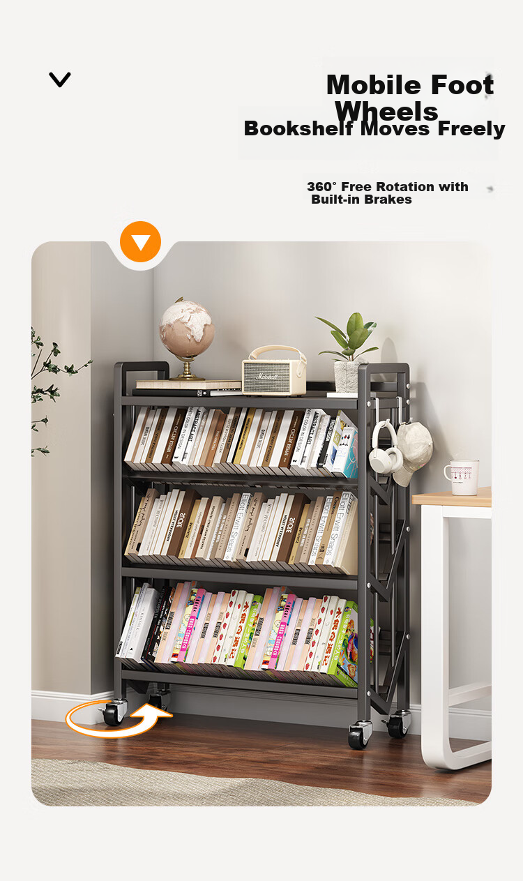 Leshengtu Mobile Bookshelf with Wheels, Small Storage Rack, Steel Book Organizer Shelf, Black, 4-Tier, LB44 5