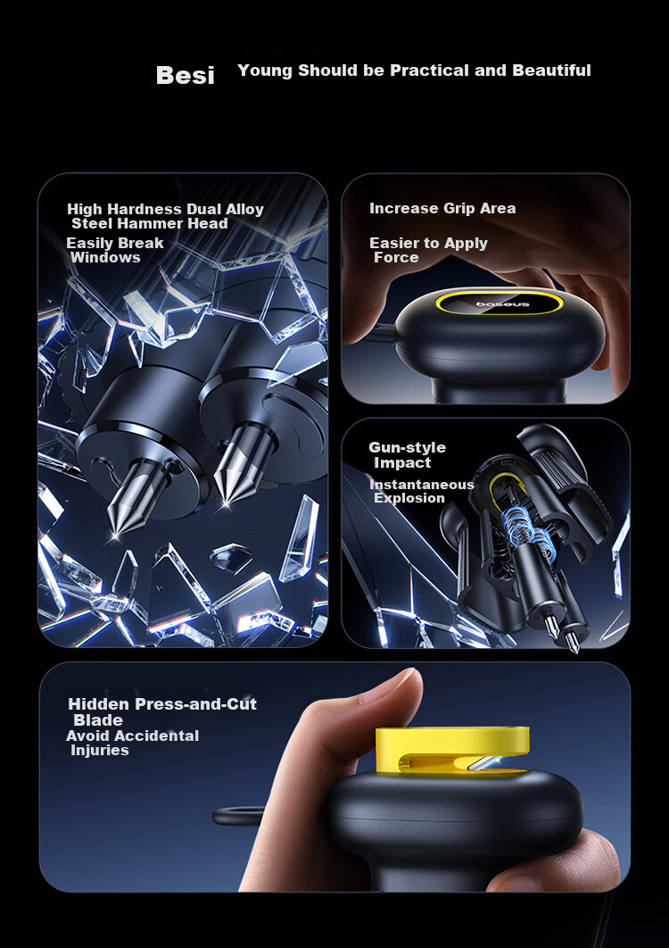BASEUS Car Window Breaker, Multi-Functional Safety Hammer with Three-In Flashlight And Light for Emergency Rescue, Compatible with Xiaomi 3