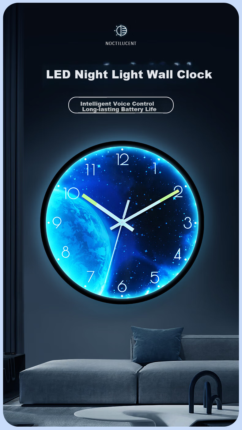 BBA Wall Clock, Creative Night Light, Living Room Wall-Mounted, Home Use Luminous Wall Clock, Bedroom Timepiece, Moon - Ambient Light, 30cm 1
