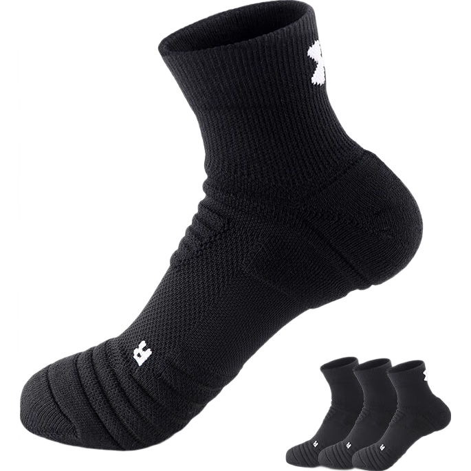 Under Armour Men's Basketball Socks Sports Socks Youth Professional Running Towel Socks Short Tube Practical Badminton Sweat-Absorbing Cotton Socks Black