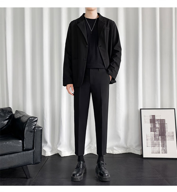 TUCANO Men's Suit Set Korean Style Fashion Two-Piece Business Casual Versatile Jacket and Comfortable Trousers Black XL 7