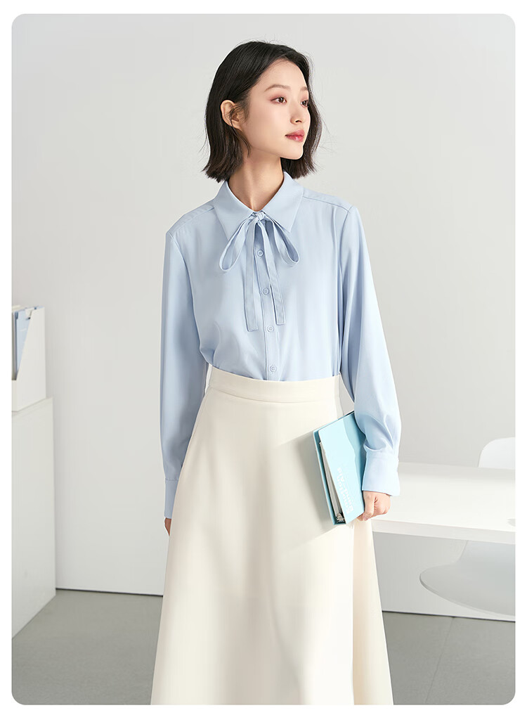 Miss Bird Blue Shirt Women's Petite Bow Tie Blouse Professional College Student Interview Formal Commuter Top 14