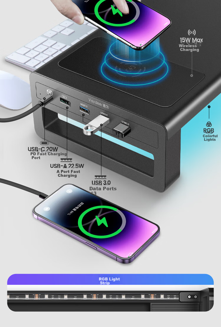 Luwei Monitor Riser Stand, Multifunctional Desktop Computer Desk, Laptop Stand, Display Screen Lifting Storage Rack, RGB Colorful Lighting, Wireless Charging Fast Charger ZGC091-JD 2