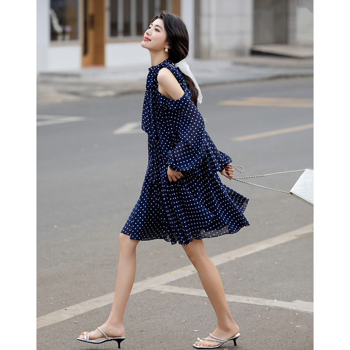 Dme [Lightweight Dots] Summer Girls' Style Vacation Tie-Waist Cake Skirt, Off-Shoulder Floral Elegant Women's Dress