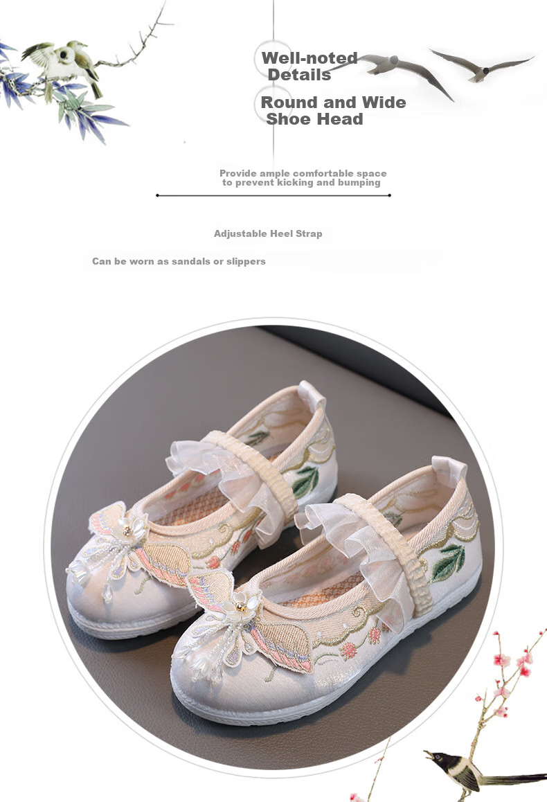 Luomeng Girls' Hanfu Shoes, Chinese-Style Student Costume Performance Dance Shoes, Old Beijing Cloth Shoes with Embroidery, Pink, Size 33 5
