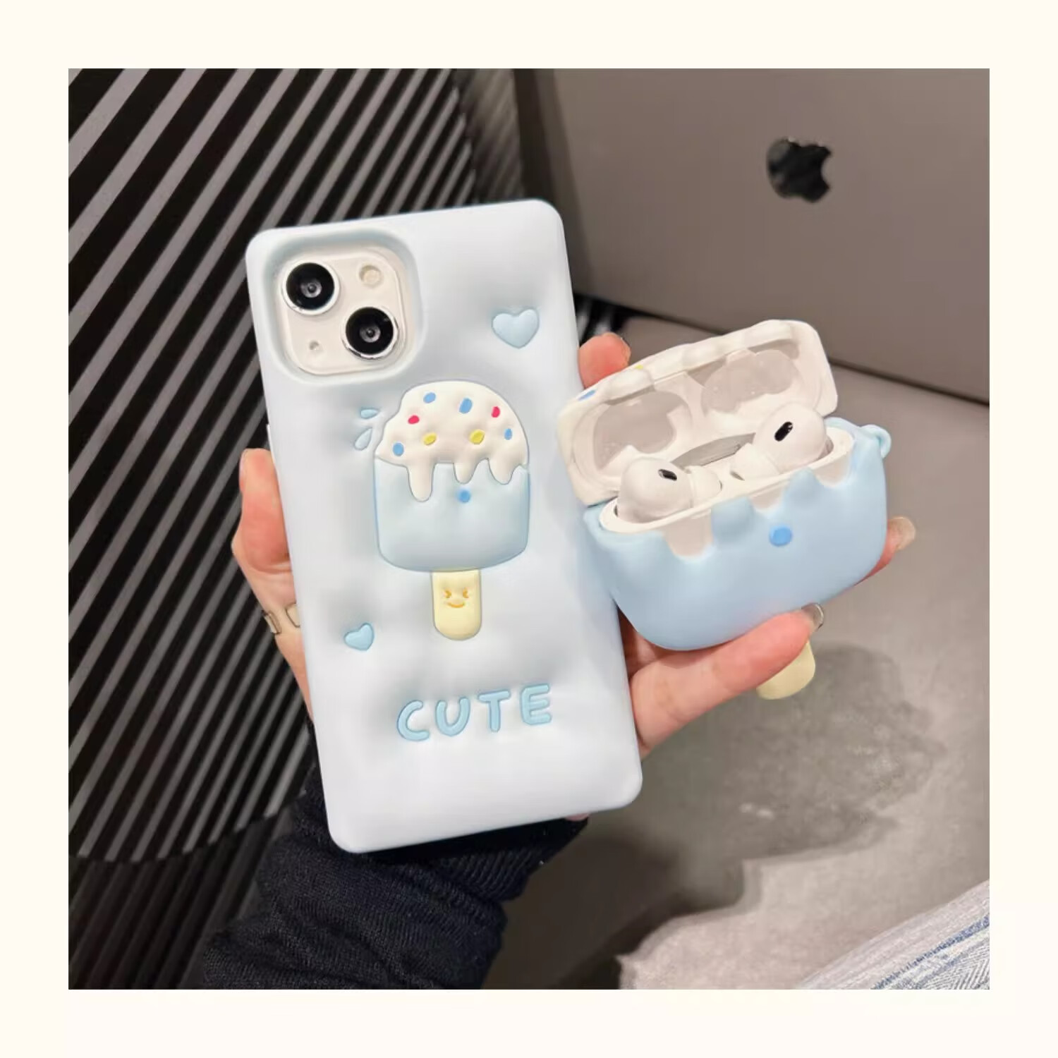 Beiyipin Summer Cool Ice Cream Shaped AirPods 1/2 Generation Protective Case, Apple Bluetooth Earphone Cover, Shockproof Full-Body Soft Case, Cartoon Ice Cream Pattern Trendy Protective Shell 5