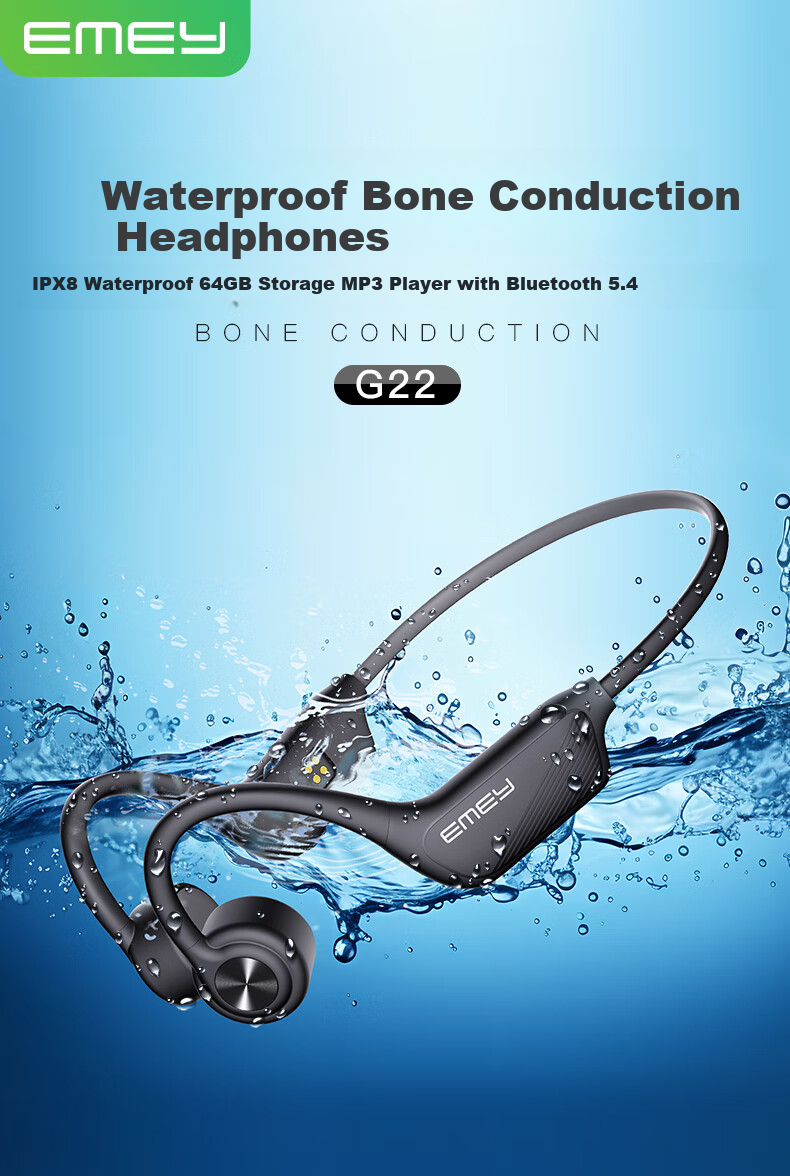 EMEY G22 Bone Conduction Bluetooth Headphones Open-Ear Design IPX8 Waterproof Not In-Ear for Running, Sports, Swimming 64GB Storage Compatible with Apple, Huawei, Xiaomi Black 1