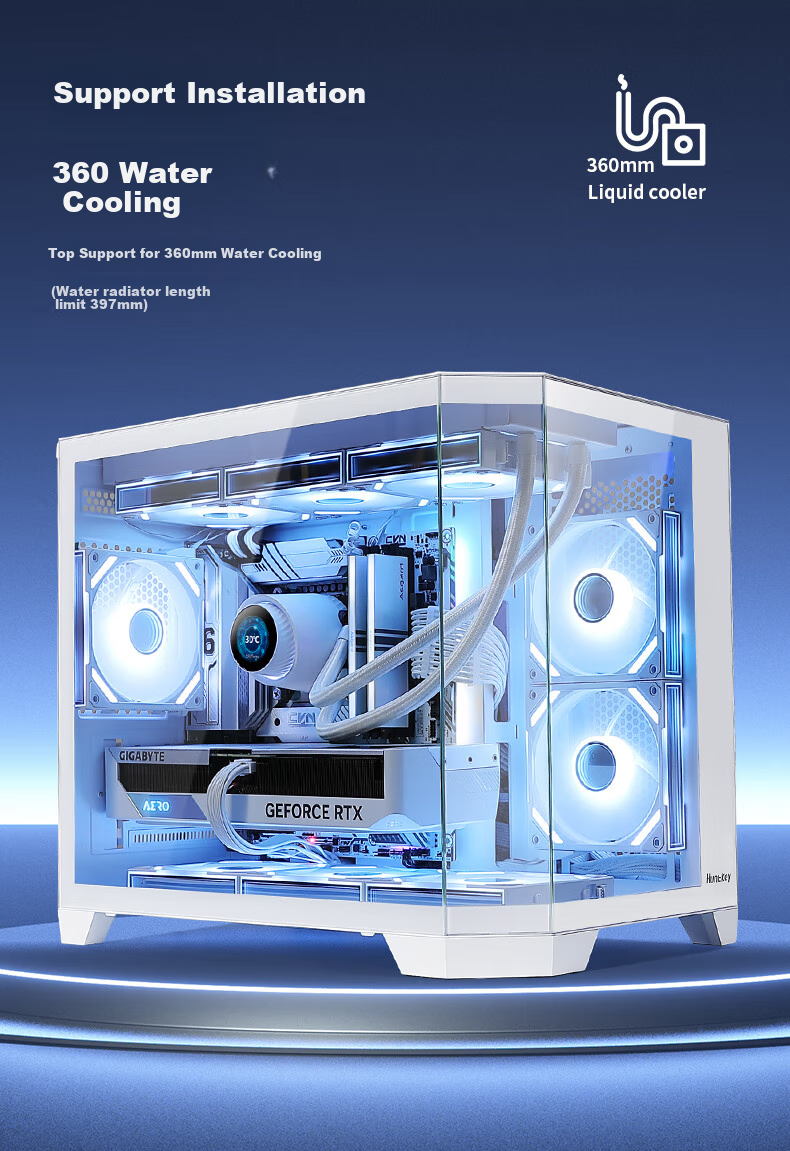Huntkey S960 Storm X Ice Blade Edition Black Panoramic View Seaside Case (Three-Sided Tempered Glass Panel/Left And Right Zones/360mm Water Cooling/9 Fan Positions/MATX Motherboard) 5