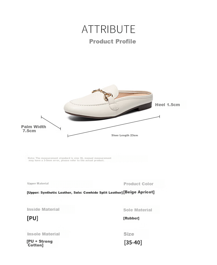 ZHR Women's Slippers, Elegant Closed-Toe Mule Sandals, Simple Slip-On Loafers, AH381T, Apricot Color, Size 37 3
