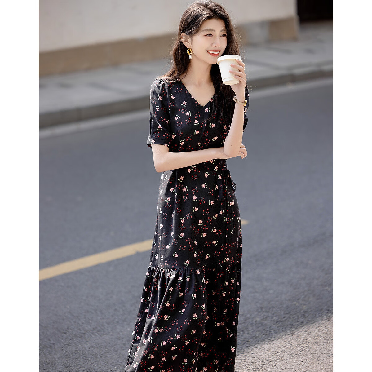 Dme [Jiweini Garden] Summer Sweet Style Round Neck Floral Print Waistless A-Line Dress for Petite Wome