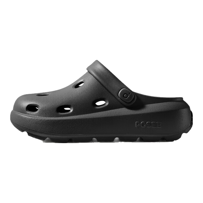 Poxi Cheese-Flavored Crocs-Style Perforated Shoes for Women, Thick-Soled Sandals, Beach Closed-Toe Slippers, Outdoor Wear for Couples, Reef Black, Size 35-36