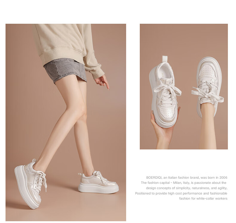 BOERDIQI Top-Grain Leather Versatile White Sneakers for Women, Thick-Soled Height-Increasing Casual Sports Shoes, White And Black, Size 36 2
