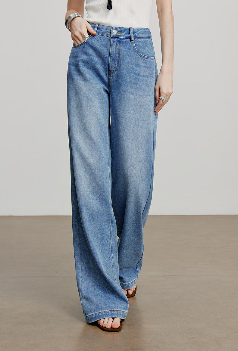 Chuyu Focus Acetate Puff Soft Denim Women's 2025 New Mid-Waist High Street Embroidered Wide-Leg Pants Sky Blue 28 1