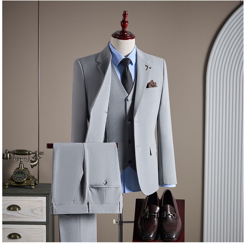 ROMON Men's Business Suit Set Blazer + Vest + Trousers Dark Blue M 15