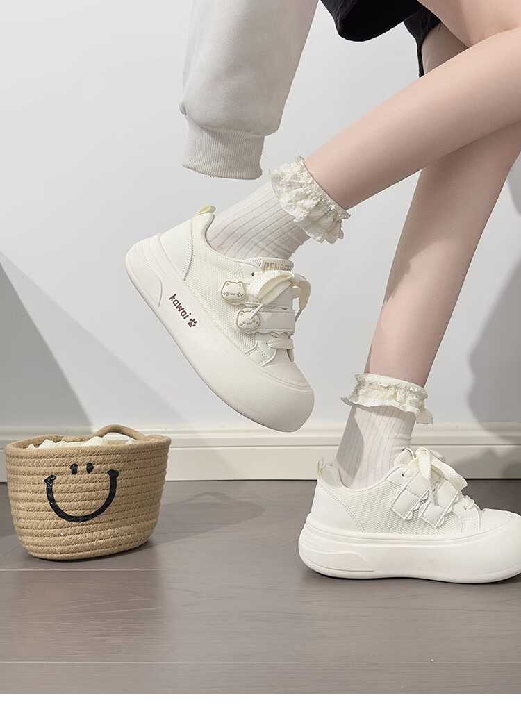 RENBEN Cute Velcro White Sneakers for Women, Popular Chunky Shoes, Versatile Canvas Shoes, White (Leather Surface), Size 40 4