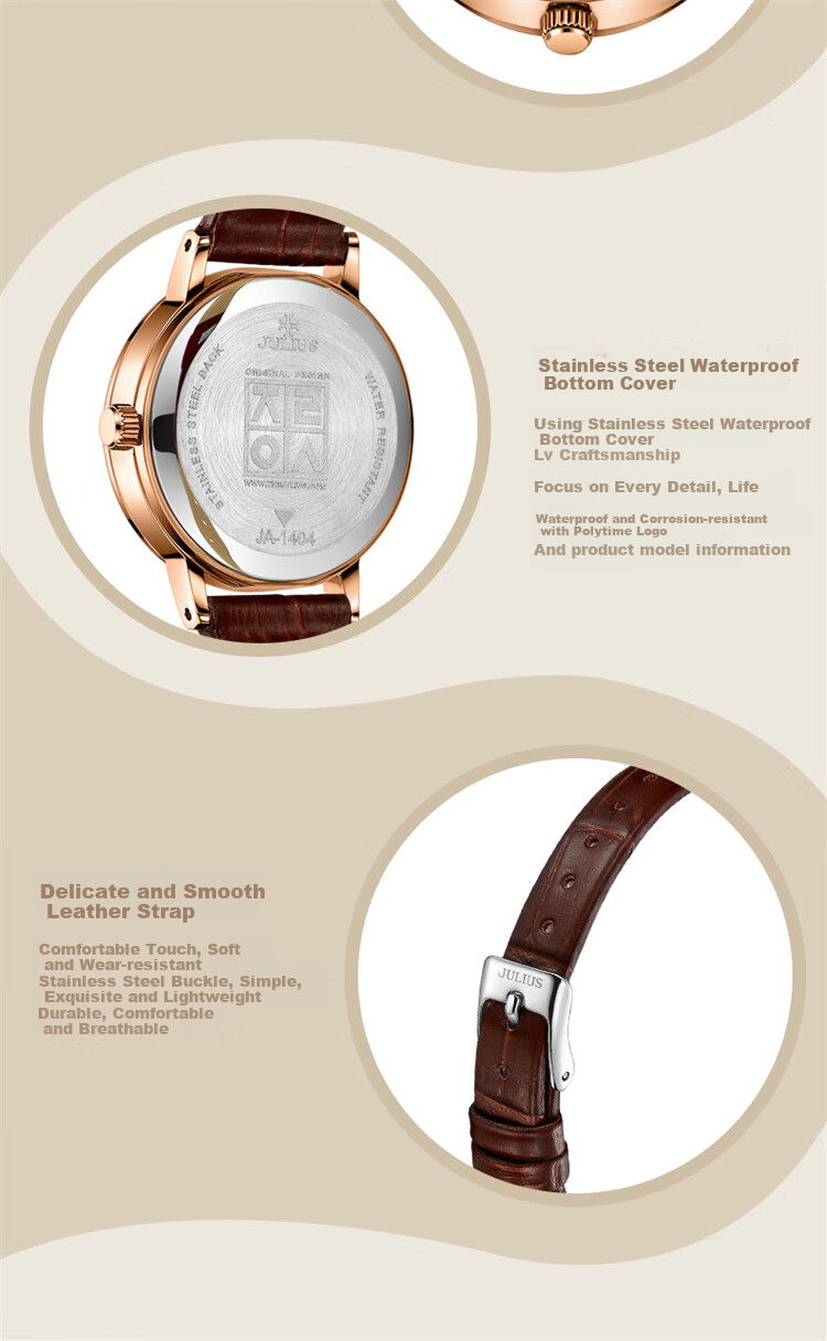 Julius Women's Watch Gift Box, Vintage Calendar, Student Commuter Waterproof Quartz Ladies Watch with Brown Strap And Gold Dial MGSL-1404B 13