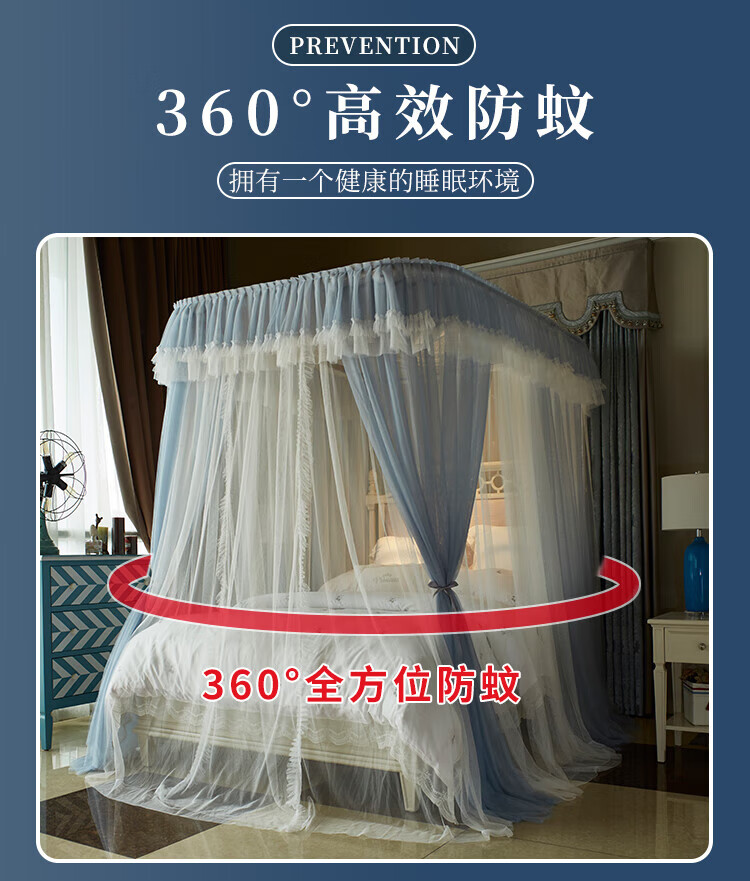 Wuyinliangpin Home U-Shaped Upgraded Double-Layer Mesh Rail Mosquito Net, Three-Door Design for 1.8x2 Meter Bed, Blue-Gray [Dense Mesh] 2