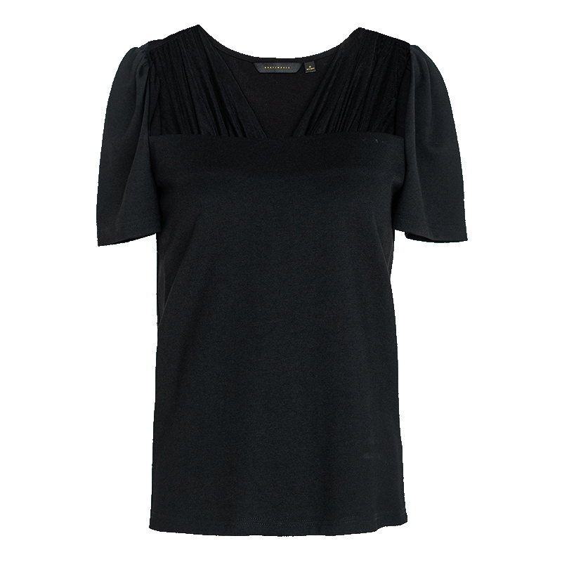 ROEYSHOUSE Mesh Splice Short Sleeve T-Shirt Women Summer Puff Sleeve Slim Top 13737 Black M