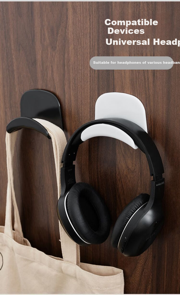 Dipuer No-Drill Headphone Stand, Over-Ear Headphone Storage Hook, New ABS Material Fixed Seamless Adhesive Dormitory Hook, Black, 2-Pack 4