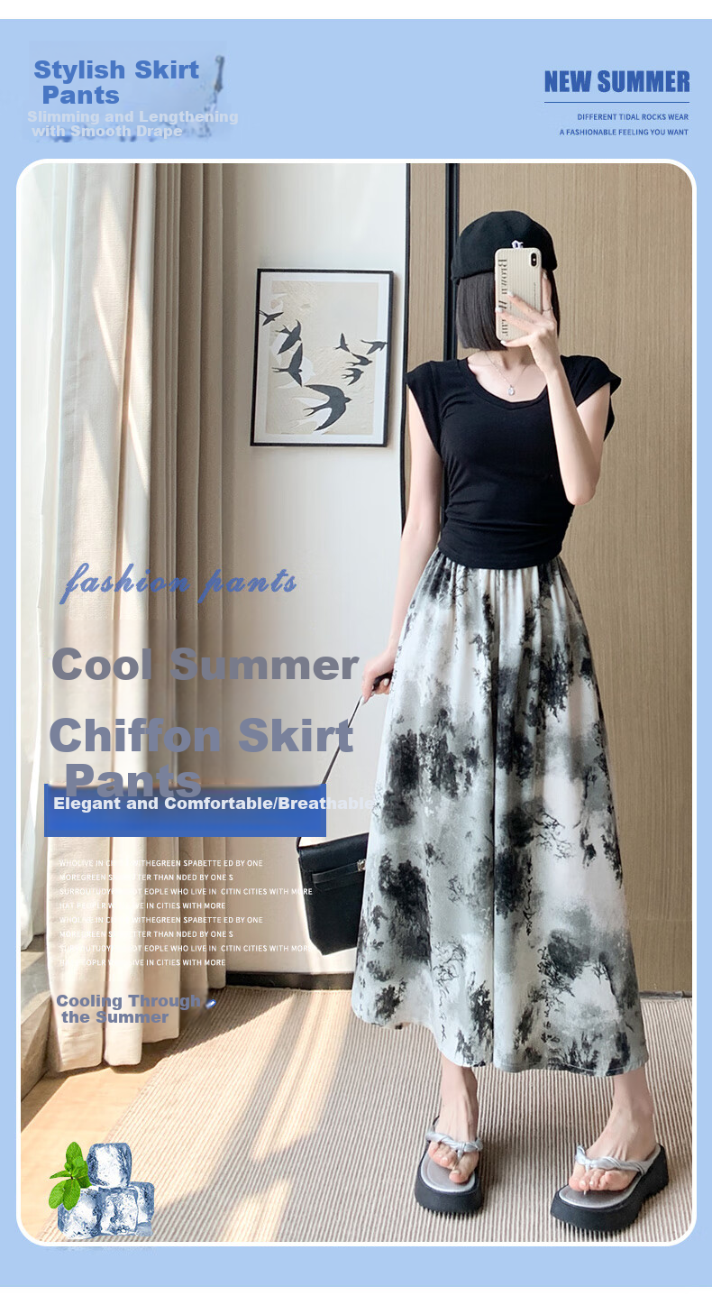Langsha New Chinese Style Chiffon Skirt Pants for Women, Summer Lightweight New High-Waist Ink Painting Chinese Style Wide-Leg Trousers 1