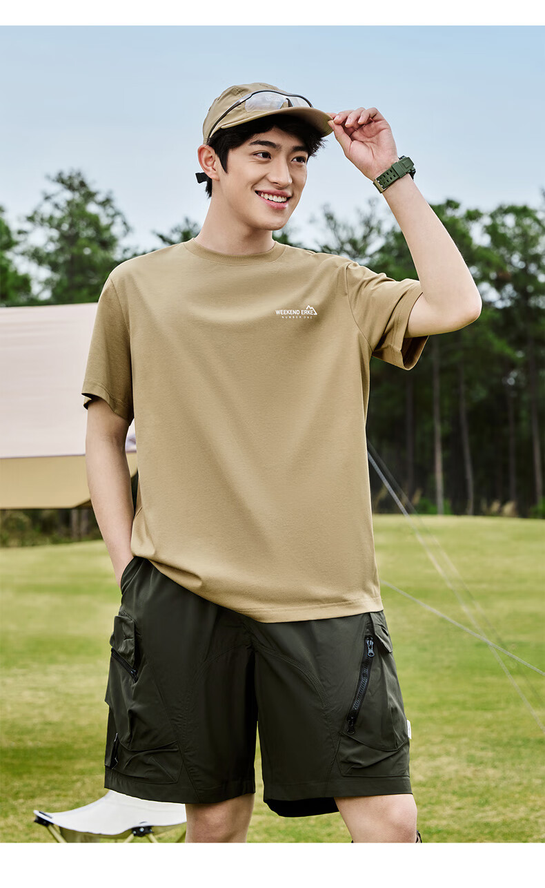 ERKE Men's Summer Crew Neck T-Shirt Xinjiang Cotton Short Sleeve Loose Fit Printed Casual Tee 17