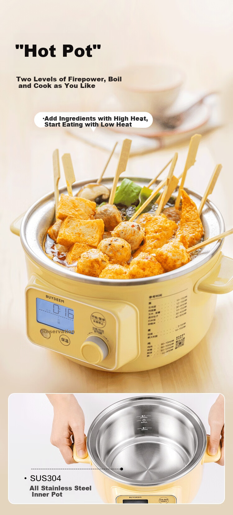 Buydeem Electric Cooking Pot, Electric Steamer Pot, Mini Steamer for Home Use, Electric Hot Pot, Fully Automatic Reservation, Heat Preservation Steamer Pot, Multi-Purpose Cooker for Home Use, Steaming, Cooking And Stewing Pot [G37 Small Yellow] 6
