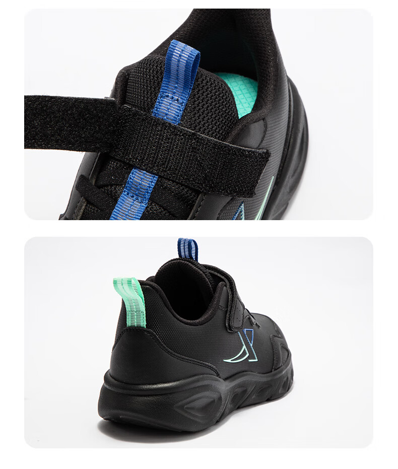 XTEP Kids Boys Sports Shoes Leather Soft Sole Velcro Running Shoes Black/White/Blue Size 39 6