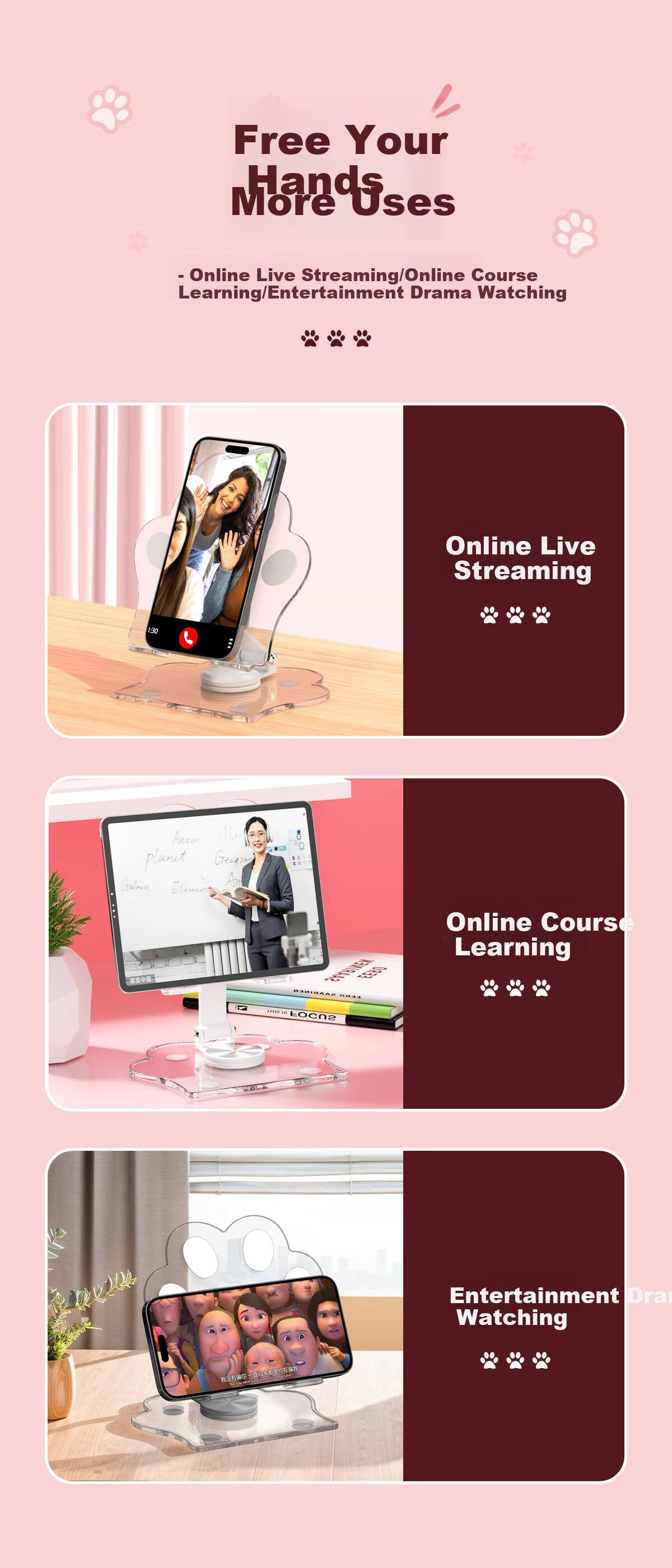 JPLAYER Phone Stand, Desktop 360° Multifunctional Rotating Folding Tablet Stand, IPad Lazy Support Stand, for Gaming, Online Classes, Drawing, Metal Live Streaming, Cute Cat Paw Style, Black 5