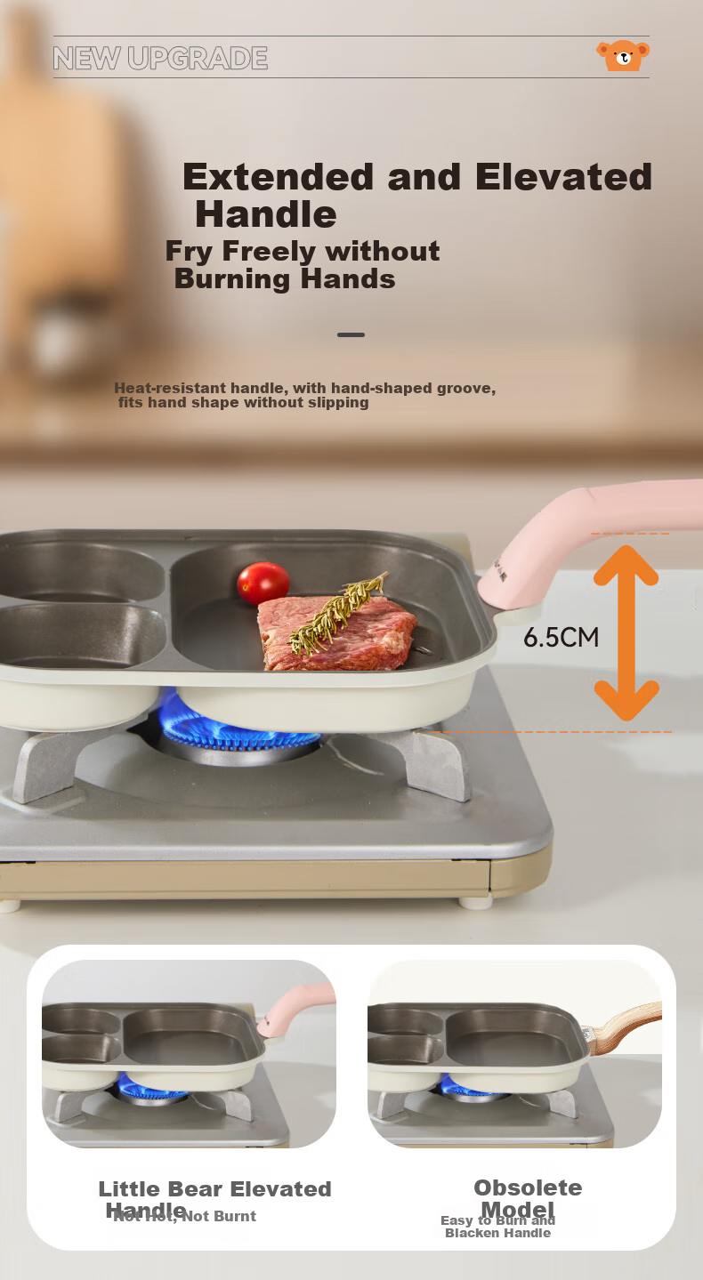Bear Non-Stick Frying Pan with Three Holes for Breakfast, Titanium-Infused Multifunctional Pan for Scrambled Eggs, Teriyaki Chicken, And Burgers, Compatible with All Stoves, 23cm 11