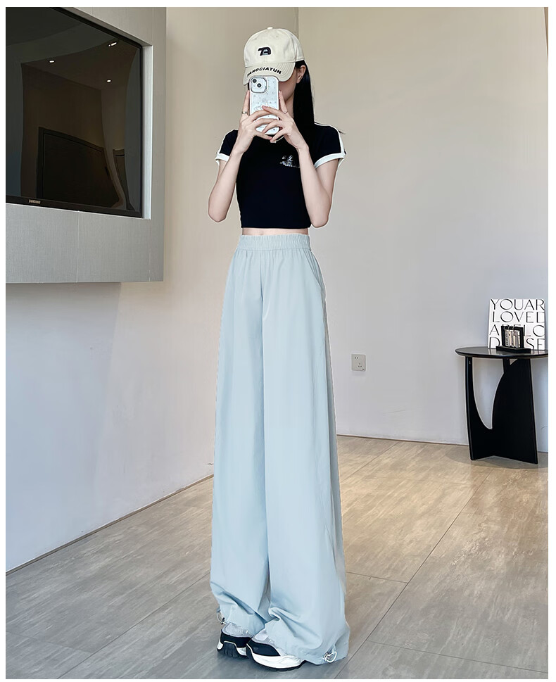 Jeanswest Navy Blue Quick-Dry Cargo Pants for Women, Summer New High-Waisted Slimming Wide-Leg Trousers, Casual Straight-Leg Pants for Petite Figures 14