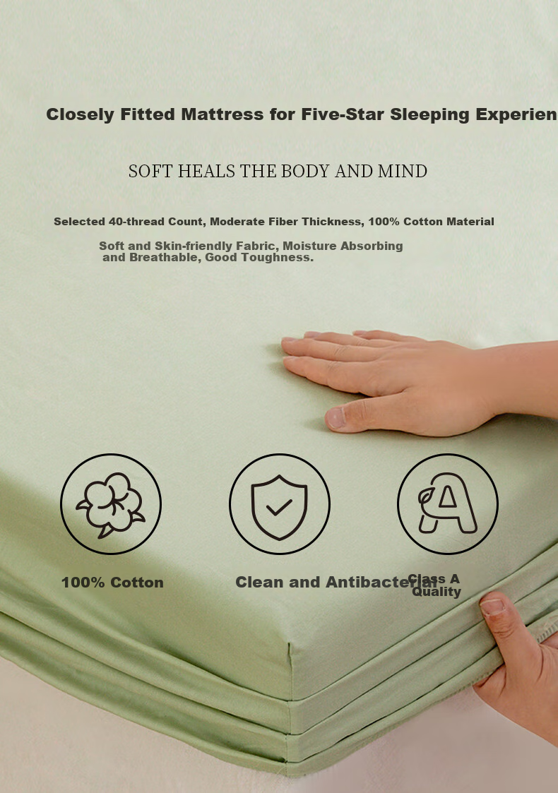 Hengyuanxiang Pure Cotton Fitted Sheet, Single Piece, Class A Antibacterial, 100% Cotton Mattress Cover Protector, Apple Green, 180*200cm 1