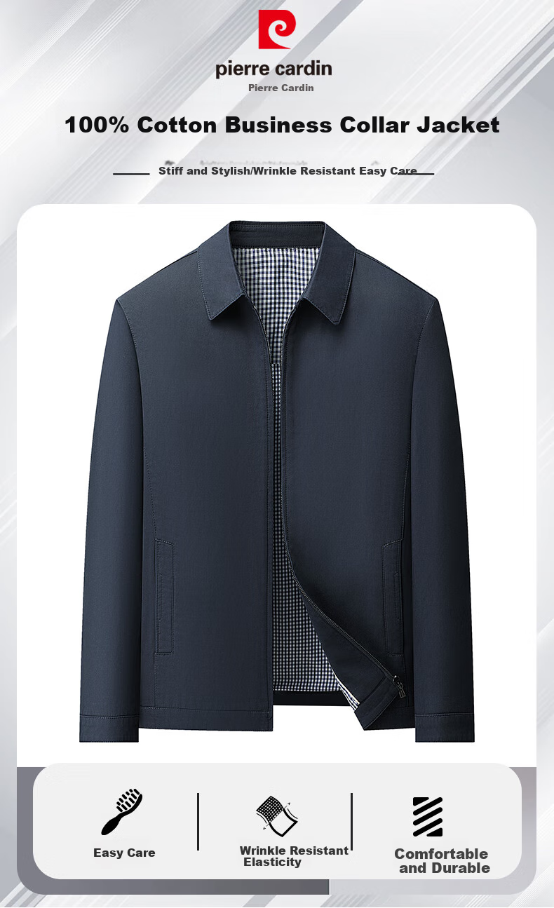 Pierre Cardin [100% Cotton] Skin-Friendly Pure Cotton Jacket for Young And Middle-Aged Men, Spring And Autumn Casual Lapel Workwear for Dads 1