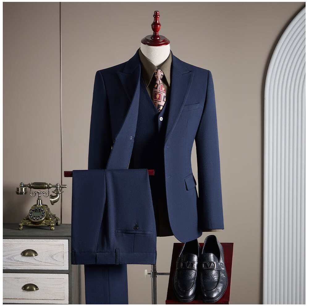ROMON Men's Suit Set (Blazer + Vest + Trousers) Professional Formal Wool Coat Navy Blue 4XL 8